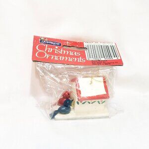 Birdhouse Red Blue Bird Christmas Ornament Wood 1.5" Joy Brite Vintage NOS